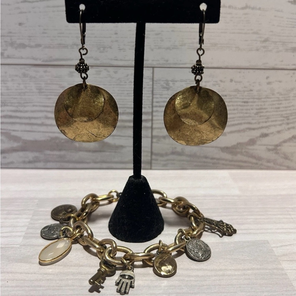 Gold Dangle Earrings and Charm Bracelet Set